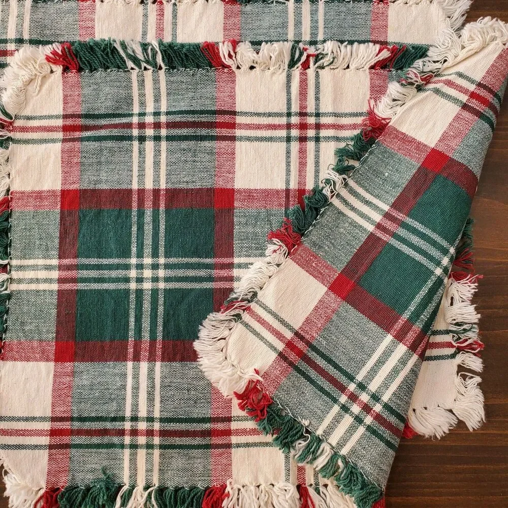 Vintage Plaid Placemats w Napkins 2 sets Red Green Fringe Woven 17x12